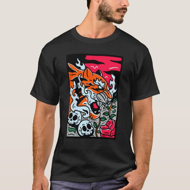 Camiseta Tigre Japonês Tradicional de Cereja Asiática Ar (Frente)