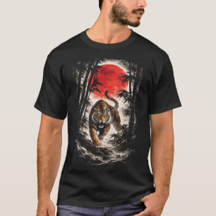 Camiseta Tigre na Lua Vermelha - Arte de Anime Japonês