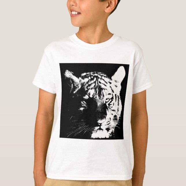 Camiseta Tigre Pop de Arte Preto e Branco (Frente)