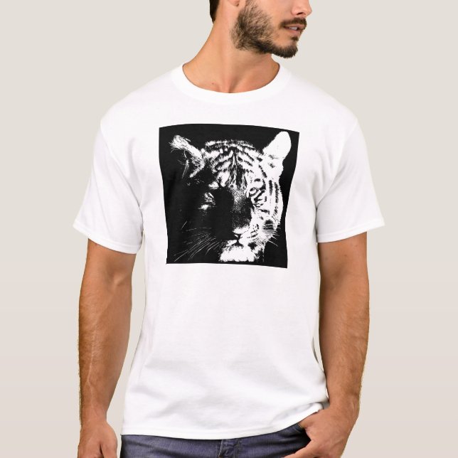 Camiseta Tigre Pop de Arte Preto e Branco (Frente)