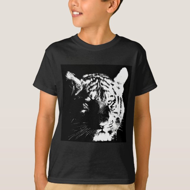 Camiseta Tigre Pop de Arte Preto e Branco (Frente)