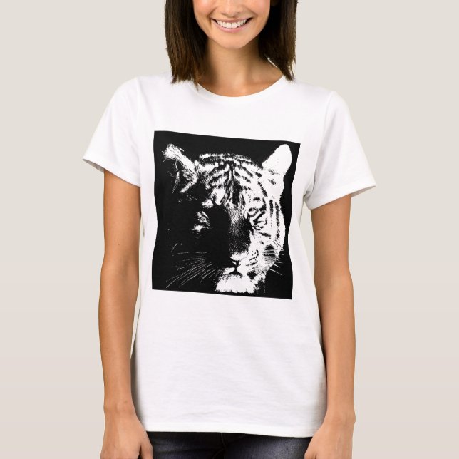 Camiseta Tigre Pop de Arte Preto e Branco (Frente)