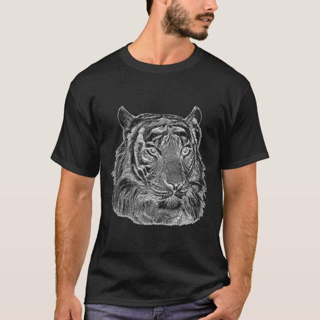 Camiseta tigre prateado cromo face natureza animal arte sel (Frente)