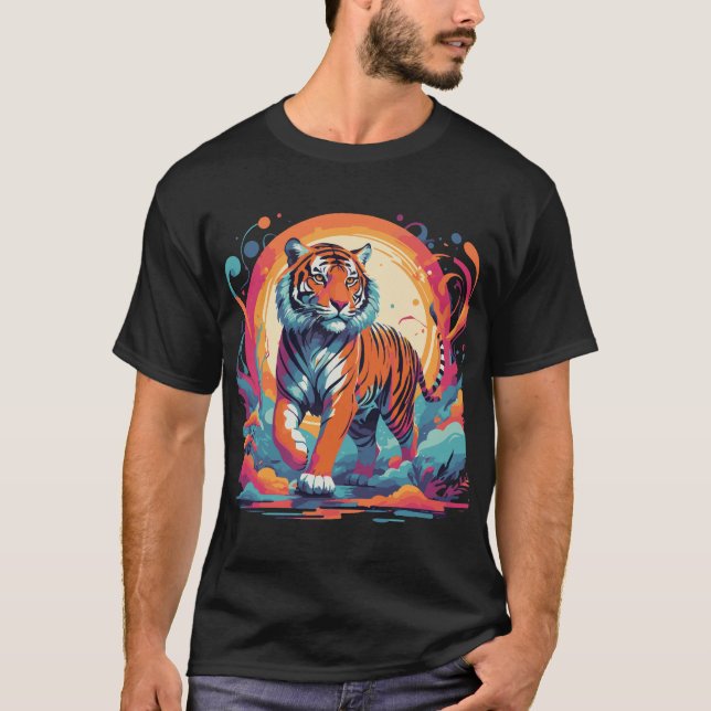 Camiseta tigre psicodélico na selva vibrante (Frente)
