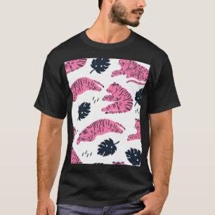 Camiseta Tigre Rosa Tropical: Desenho De Mão Vintage.