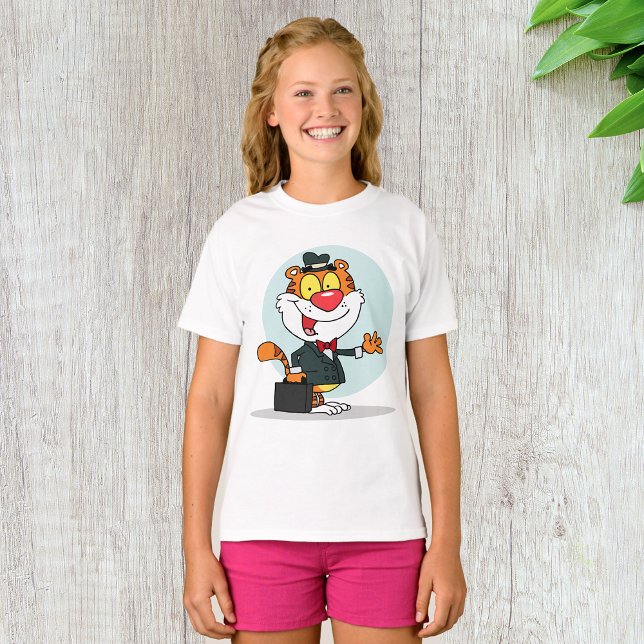 Camiseta Tigre Sorridente Segurando Uma Camisa-T De Meninas (Criador carregado)