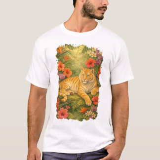 Camiseta Tigre Tabby Dourado entre flores tropicais