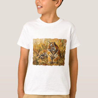 Camiseta Tigre Vibrante em Impresso em Relva Dourada Banhad