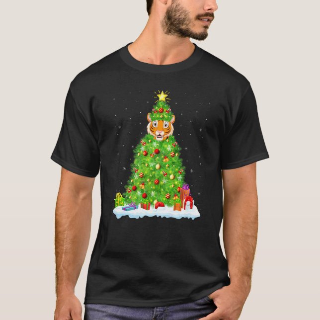 Camiseta Tigre Xmas Lighting Tree Engraçado Tigre Natal (Frente)