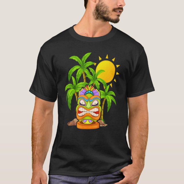 Camiseta Tiki Mask Polynésia Palm Trees Havaianos Totem Lua (Frente)
