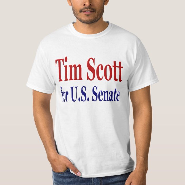 Camiseta Tim Scott para o Senado com texto azul vermelho (Frente)