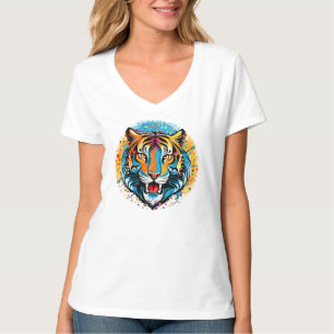 Camiseta Tinta de cores Arco-íris Cabeça de Tigre