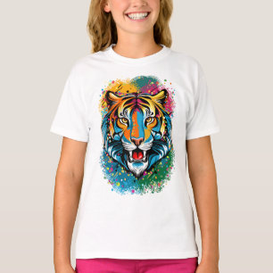 Camiseta Tinta de cores Arco-íris Cabeça de Tigre
