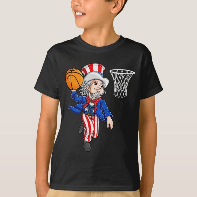 Camiseta Tio Sam 4 de julho de basquete enterrada meninos h (Frente)