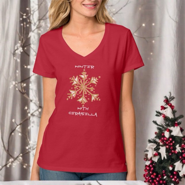 Camiseta Típica simples e bonita dourada vermelha em floco  (Criador carregado)