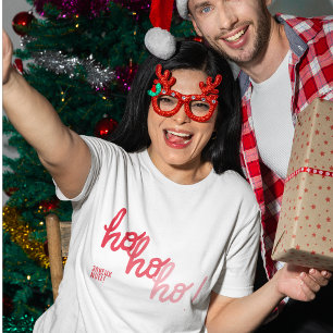 Camiseta Tipografia Alegre Vermelho Rosa Hohoho Joyeux Noel
