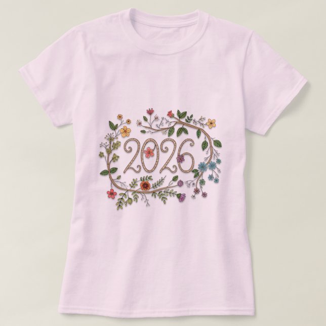 Camiseta Tipografia Botânica 2026 com Vinhas Floridas (Frente do Design)