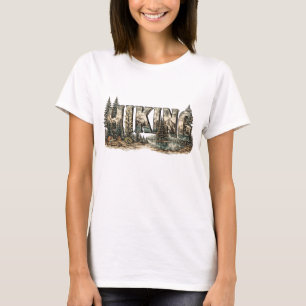 Camiseta Tipografia de caminhada com montanhas árvores e ri