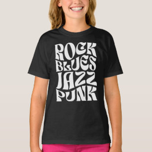 Camiseta Tipografia de Rock, Blues, Jazz, Punk