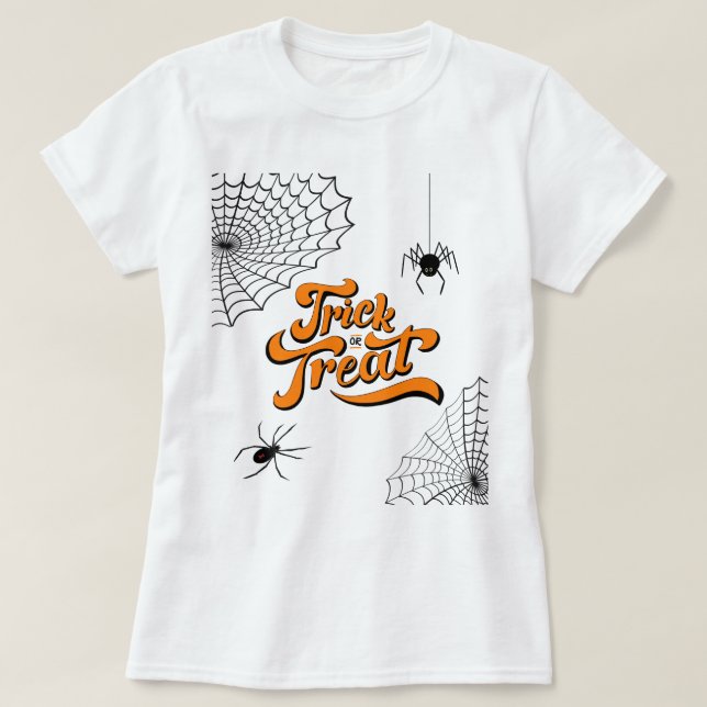 Camiseta Tipografia de Truque ou Tratar com Spiders ID680 (Frente do Design)