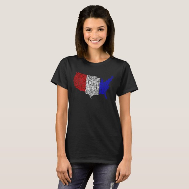 Camiseta Tipografia EUA em vermelho, branco e azul (Frente Completa)