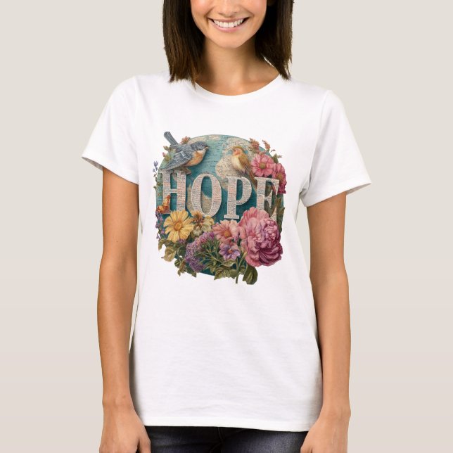 Camiseta Tipografia Floral Esperança com Aves e Botânica (Frente)