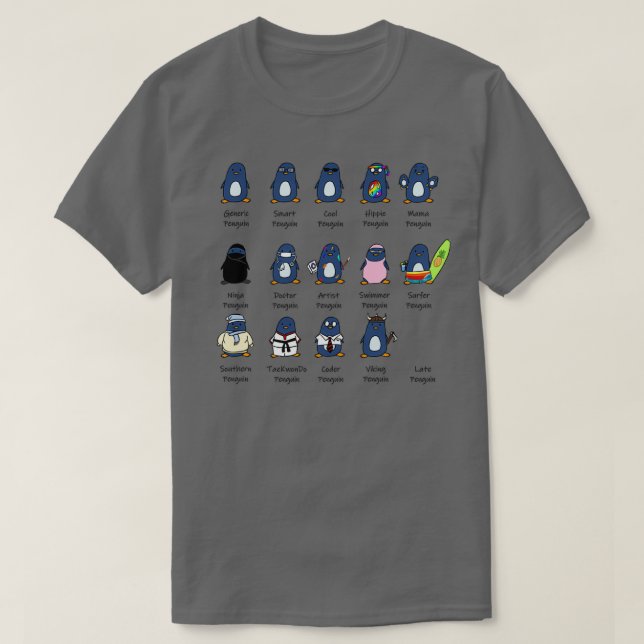 Camiseta Tipos de Design de pinguins (Frente do Design)