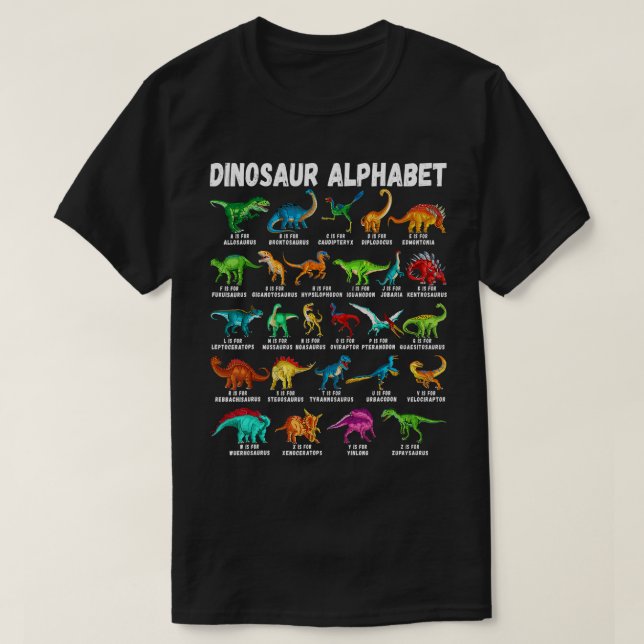 Camiseta Tipos De Dinossauros Alphabet AZ ABC Dino Identia (Frente do Design)