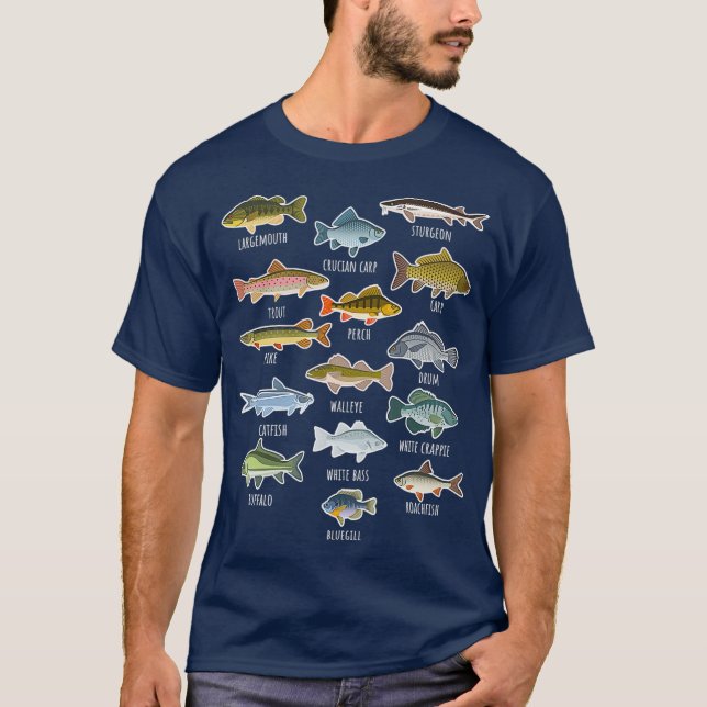Camiseta Tipos De Espécies De Peixes Águas frescas (Frente)