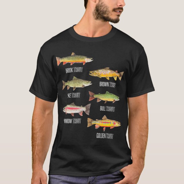 Camiseta Tipos de espécies de peixes-truta que pescam (Frente)