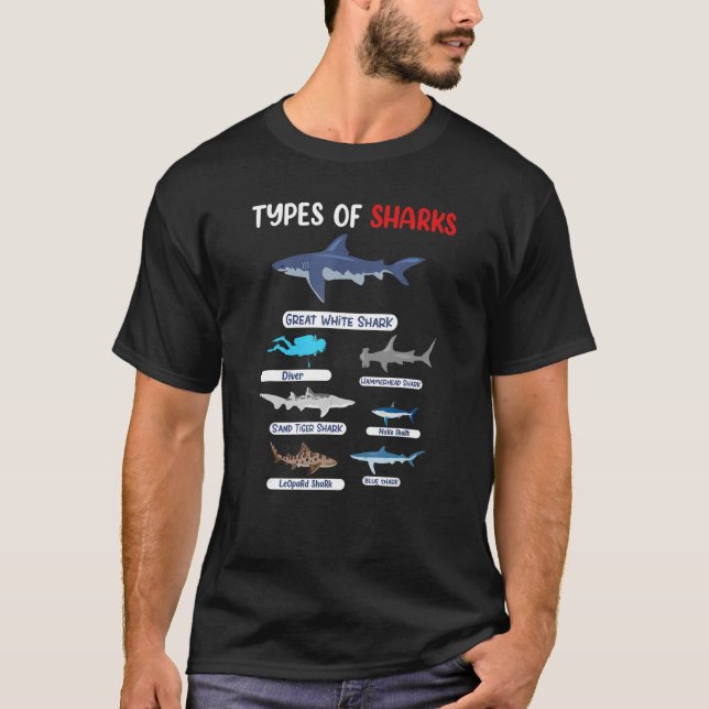 Camiseta Tipos De Tubarões, Biologia Marinha, Mergulho (Frente)