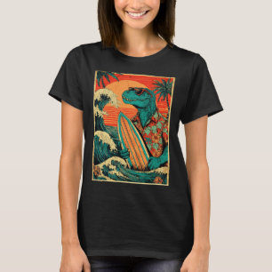 Camiseta Tirano-sauro Retro Surfando Verão Havaiano Dinossa