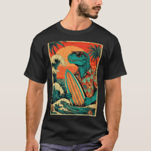 Camiseta Tirano-sauro Surfista Retro Verão Havaiano Dinossa