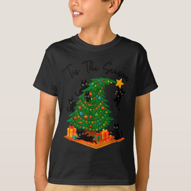 Camiseta Tis The Season Christmas Tree Cute Black Cat Match (Frente)