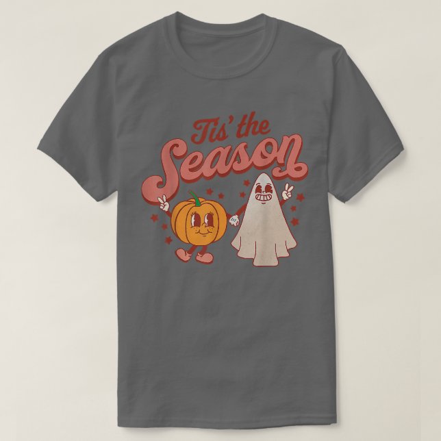 Camiseta Tis the Season Pumpkin Boo 60s 70s Hippie Hallowee (Frente do Design)