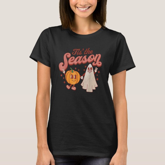 Camiseta Tis The Season Pumpkin Boo 60s 70s Hippie Hallowee (Frente)