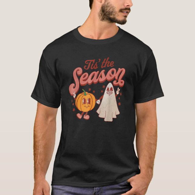 Camiseta Tis The Season Pumpkin Boo 60s 70s Hippie Hallowee (Frente)