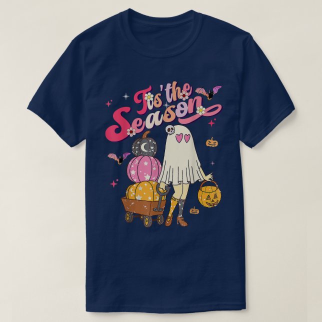 Camiseta Tis the Season Pumpkin Boo 60s 70s Hippie Hallowee (Frente do Design)