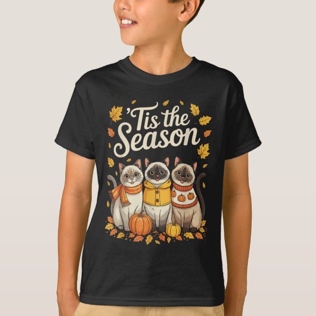 Camiseta Tis The Season Siamese Cat Fall Autumn Pumpkin  (Frente)
