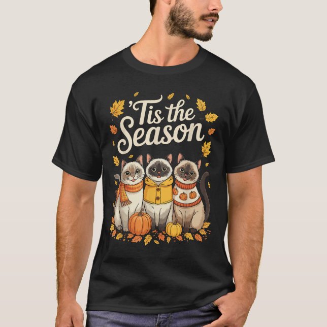 Camiseta Tis The Season Siamese Cat Fall Autumn Pumpkin  (Frente)