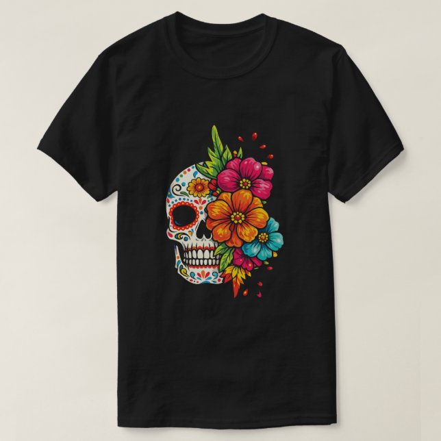 Camiseta Title: Día de los Muertos Floral Skull (Frente do Design)