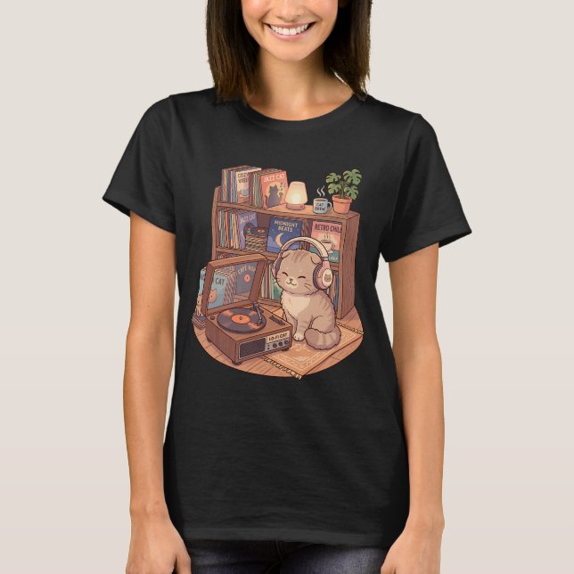 Camiseta Toca-Discos DJ Vinil Lo-Fi Scottish Fold (Frente)