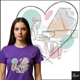 Camiseta Toca Piano Minimalista Esboço de Coração Pastel