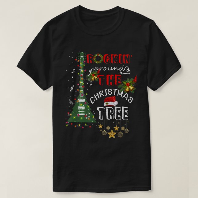 Camiseta Tocando ao Redor da Árvore de Natal com Guitarra e (Frente do Design)