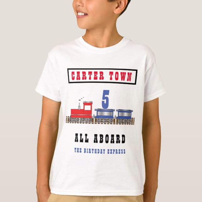 Camiseta Todos a bordo Aniversário Comboio Vermelho Azul No (Frente)