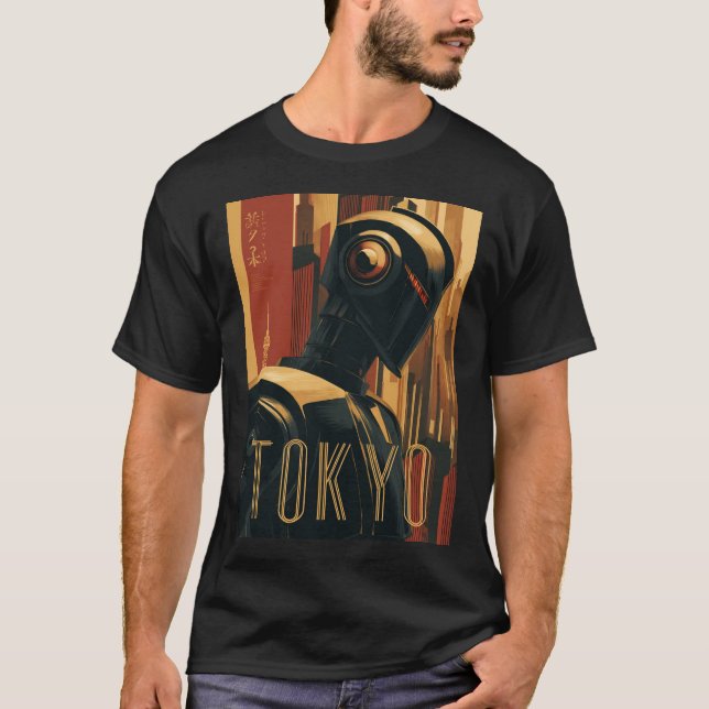 Camiseta Tokyo Retro Art Deco Poster with Futuristic Robot (Frente)