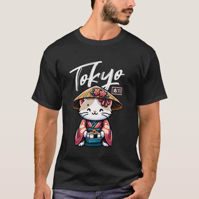 Camiseta Tokyo Sushi Japanese Stuff Harajuku Kitten Kawaii  (Frente)