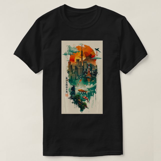 Camiseta Tokyos Skyline Japão Tóquio Samurai Koi Fish (Frente do Design)