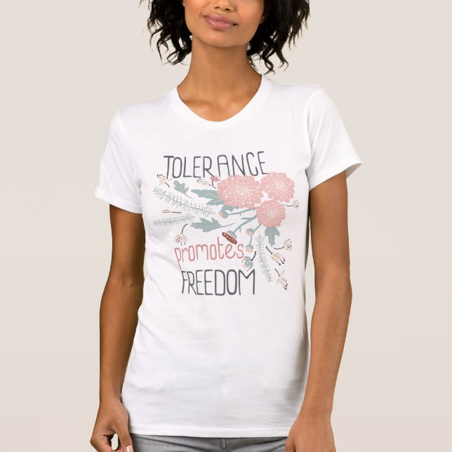 Camiseta Tolerância promove Botânica rosa-rosa com cotação  (Frente)