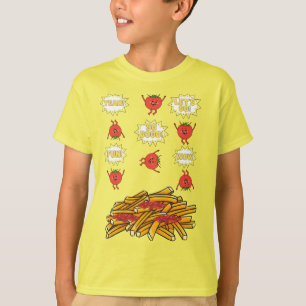 Camiseta tomate saltando para batatas fritas, desenho anima